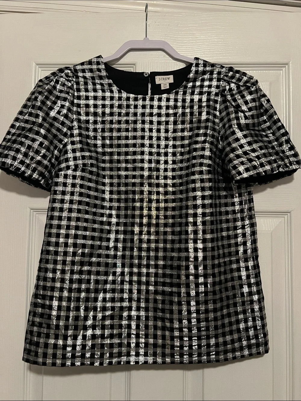 J. Crew Black & Silver Gingham Metallic Puff-Sleeve Top